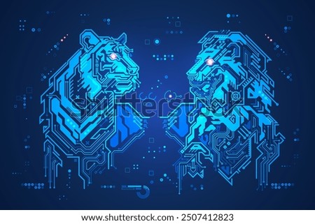 futuristic digital lion versus technological tiger, shape of lion and tiger head combined with electronic board, concept of powerful technology confrontation