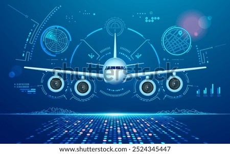 concept of air traffic control or aviation technology, graphic of realistic airplane with futuristic interface