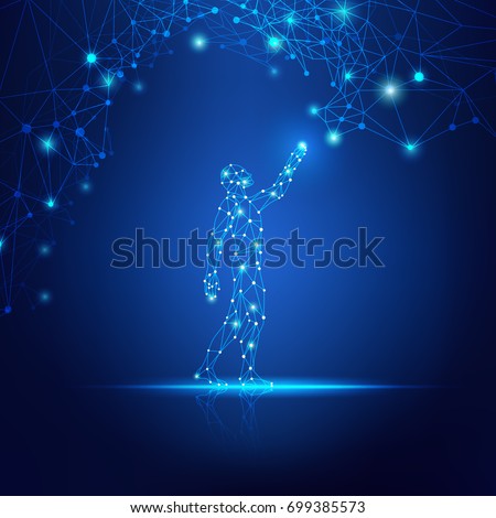 concept of cloud technology, digital man reaching futuristic connected line