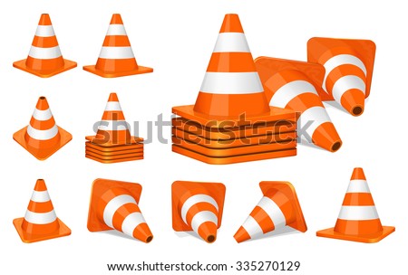 Set of orange plastic traffic cones icon