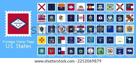 US states flag postage stamps. Collection of 50. Vector illustration.