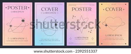 Collection of minimalistic Y2K style posters. Retro prints with gradient backgrounds and geometric shapes and lines. Set of trendy and modern vector templates.