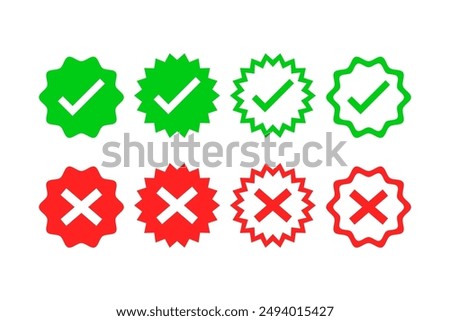 Green approval marks and signs, red rejection, checkmarks, seals. Isolated on transparent background. Vector set. Starburst and circle shapes.