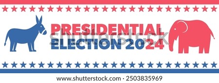 Presidential election 2024, donkey and elephant icon, text and stars. Democrats and republicans campaign. Vector banner and background. Electoral symbols, us.