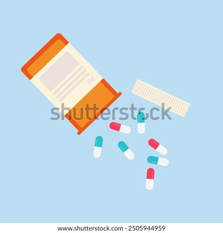 Medication dropping out of orange pharmacy vial. Red and blue pills. Prescription drugs. Flat modern vector illustration.