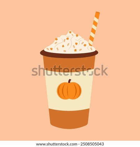 Pumpkin spice drink. Latte coffee with whipped cream in a paper cup. Hand-drawn vector illustration.