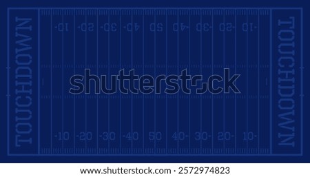 American football field. Numbers,and outlines on blue background. Touchdown text. Modern vector illustration template for web, articles, social media etc.