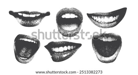 Mouth and lips in scream, for grunge punk y2k collage design, with monochrome photocopy effect, Stipple halftone brutalist retro design elements
