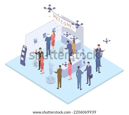 It is an isometric illustration of a business person who has global business talks at an exhibition.