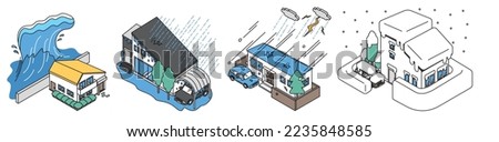 It is an isometric illustration of a simple house that meets a flood-related accident.