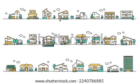 It is a cityscape illustration set (simple color) of building icons.