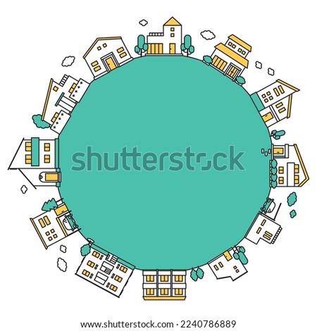It is a circular illustration set (simple color) of the cityscape of the building icon.