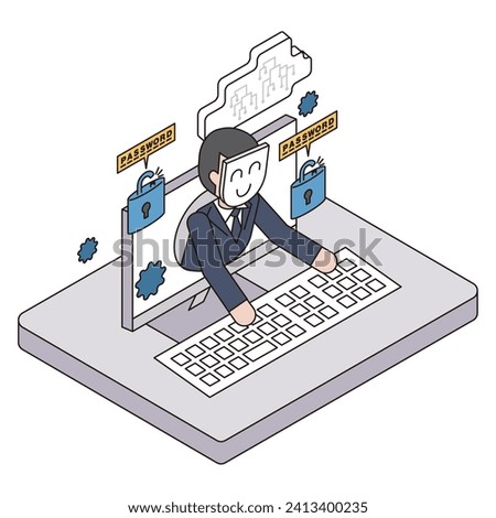 This is an isometric illustration of a criminal who fraudulently manipulates a computer through a cyber attack.