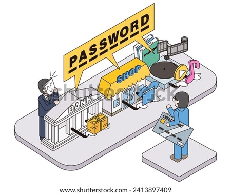 This is an isometric illustration of a criminal who discovered reusing passwords for various services.