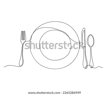 table setting, plate, spoon, fork and knife, hand-drawn, continuous monoline, drawing in one line