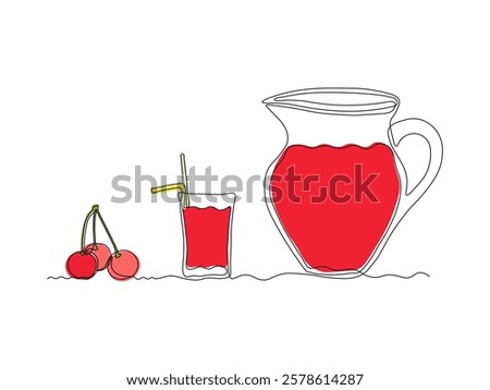 Abstract jug, pitcher for cherry juice and glass with straw, continuous single one line art hand drawing sketch logo