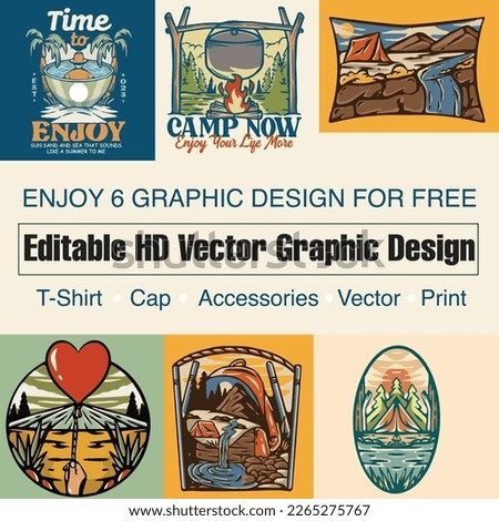 6 set of HD editable illustrations for t shirts and other print design. Hawaii, beach, hill, mountain design