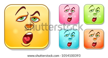 Tired and bored Emoji face. Emoticons collection. Colorful smiley set. Avatar symbol, internet message or chat icon, sign for web mobile app, logo, label, patch, sticker.