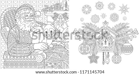 Vector Illustration Christmas Coloring Book Colouring Pages Santa Claus With A Cat In Vintage Style New Year Background Xmas Ornaments