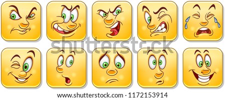 Cartoon faces collection. Emoticons. Emoji. Design characters for kids coloring book, colouring pages, t-shirt print, icon, logo, label, patch, sticker.