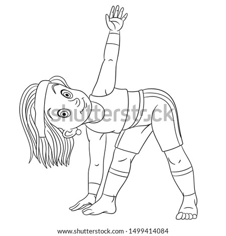 Colouring page. Cute cartoon girl practicing yoga and sportive healthy lifestyle. Childish design for kids coloring book about people professions.