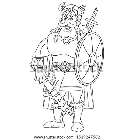 Coloring page. Cartoon viking, scandinavian or roman warrior. Colouring picture. Childish design for kids activity coloring book.