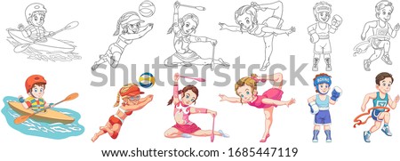 Children. Sport life. Cartoon clipart set for kids activity coloring book, t shirt print, icon, logo, label, patch or sticker. Vector illustration.