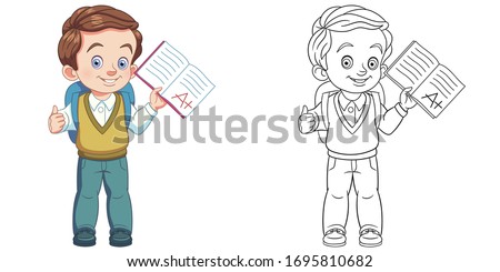 Cute boy showing A plus exam result. Coloring page and colorful clipart character. Cartoon design for t shirt print, icon, logo, label, patch or sticker. Vector illustration.