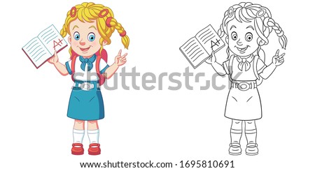 Cute girl showing A plus exam result. Coloring page and colorful clipart character. Cartoon design for t shirt print, icon, logo, label, patch or sticker. Vector illustration.