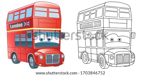 Cute funny double-decker bus in London. Coloring page and colorful clipart character. Cartoon design for t shirt print, icon, logo, label, patch or sticker. Vector illustration.