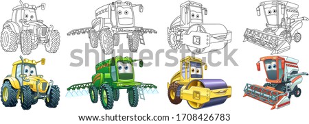 Coloring book. Cartoon clipart cars set for kids activity colouring pages, t shirt print, icon, logo, label, patch or sticker. Vector illustration.