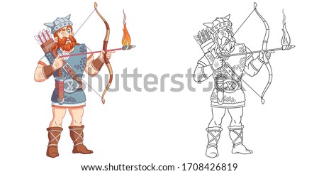 Viking, scandinavian or roman warrior. Coloring page and colorful clipart character. Cartoon design for t shirt print, icon, logo, label, patch or sticker. Vector illustration.