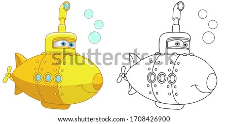 Cartoon yellow submarine ship. Coloring page and colorful clipart character. Cute design for t shirt print, icon, logo, label, patch or sticker. Vector illustration.