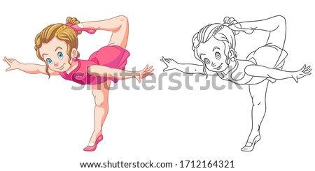 Cute gymnastic girl or ballet dancer. Coloring page and colorful clipart character. Cartoon design for t shirt print, icon, logo, label, patch or sticker. Vector illustration.