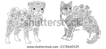 Coloring pages set with fantasy floral animals. Pug dog and cat with flowers