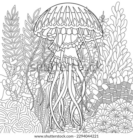 Underwater scene with a jellyfish. Adult coloring book page with intricate mandala and zentangle elements