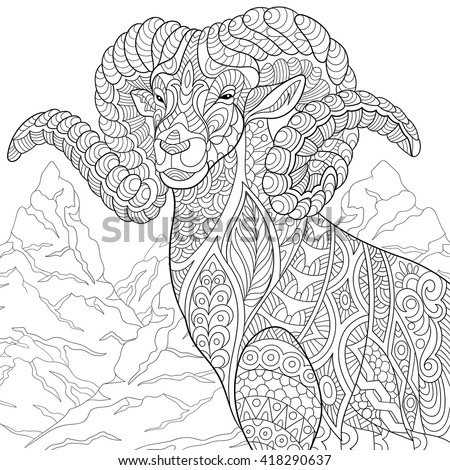 Zentangle stylized cartoon goat (ram, ibex, aries, capricorn zodiac). Hand drawn sketch for adult antistress coloring page, T-shirt emblem, logo, tattoo with doodle, zentangle, floral design elements.