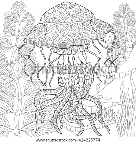 Zentangle Stylized Cartoon Jellyfish Swimming Among Seaweed (Alga ...