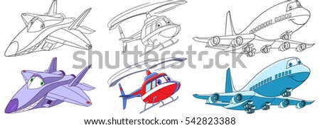 Cartoon flying transport set. Collection of aircraft. Supersonic f22 raptor airplane, helicopter, passenger airliner. Coloring book pages for kids.