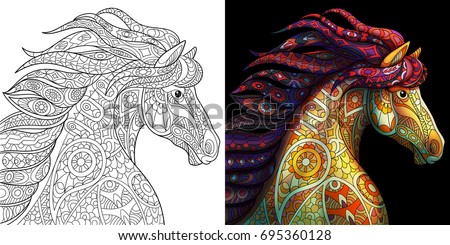 Coloring Page Of Mustang Horse Colorless And Color Samples For Adult Antistress Book Cover