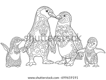 Coloring Page Of Emperor Penguins Family Isolated On White Background Freehand Sketch Drawing For