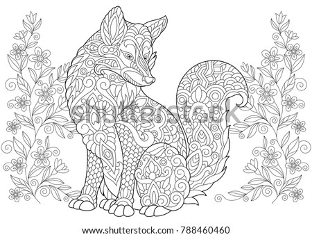 Coloring Page Adult Book Wild Fox And Summer Or Spring Flowers Antistress
