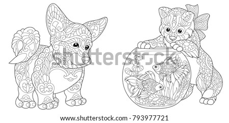 Coloring Page Adult Book Cardigan Welsh Corgi Dog Cat Playing With Goldfish