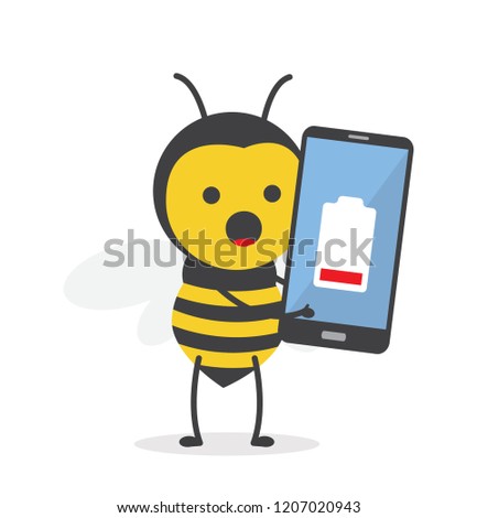 vector illustration character cartoon design cute honey yellow bee mascot holding battery smartphone infographic charging red low in white background