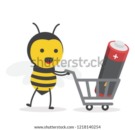 vector illustration character cartoon flat design cute honey yellow bee mascot holding battery in trolley market shopping cart in white background