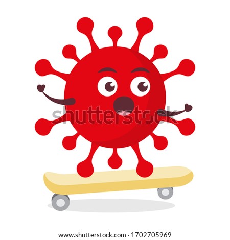 red virus corona kawaii vector character illustration icon mascot cartoon cute holding grab skateboard in white background modern flat design brand