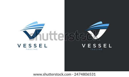 Vessel boat logo template. Letter V ship, boat vector illustration