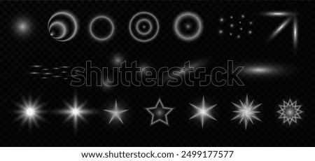 Set light effects Vector circles, stars, abstract space figures. White flares, sparkles. Glittering lights. Radiant effect, glow, line, wave, dots.