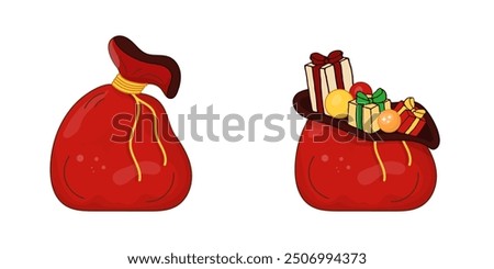 Red bag, sack with gifts vector illustration. New Year gifts in Santa Claus bag. Bag tied with rope and bag filled with gift boxes. Design element for cards, posters, banners New Year and Christmas.