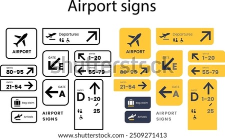 various airport signs in different colors